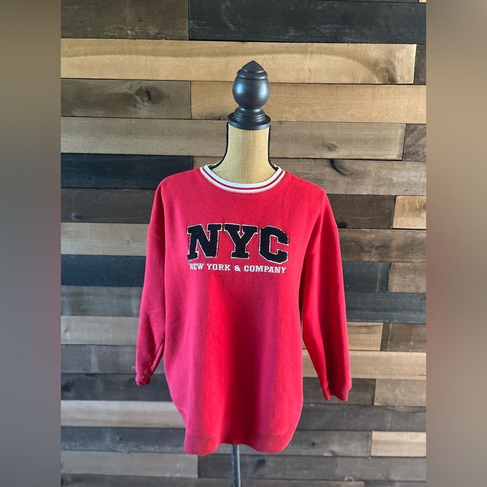 Y2K New York & Company Red Embroidered Varsity Style Crewneck Sweater - Picture 9 of 13